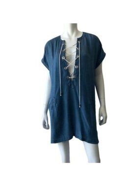 Blue Island Plunge Lace-Up Denim-Style Tencel Cover-Up Dress